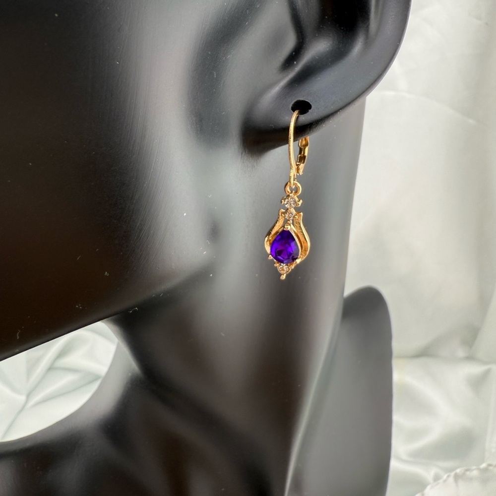 Gold and Purple Teardrop Earrings with Sparkling Accents - Picture 8 of 8
